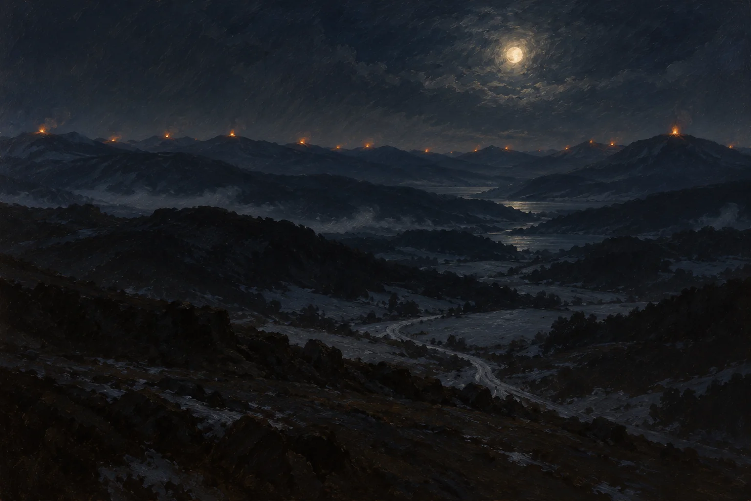 A beacon fire on a bare mountain crown above a dark valley