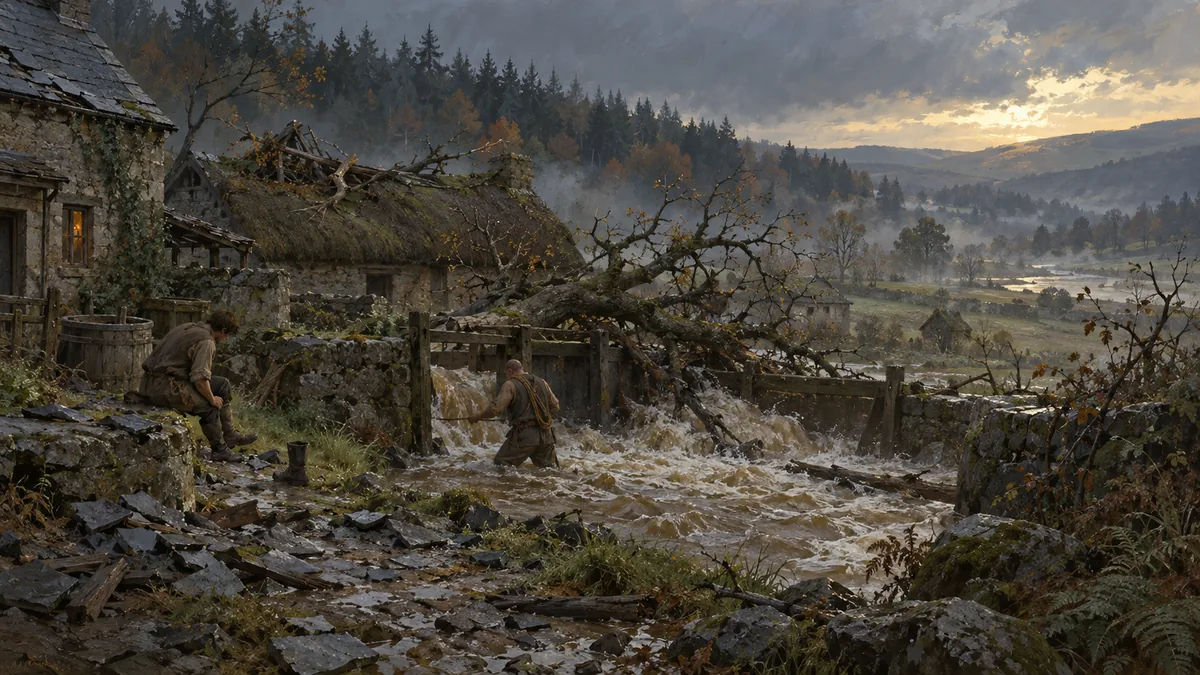 Thornby the morning after the storm: the millrace, and the alder down across the sluice.