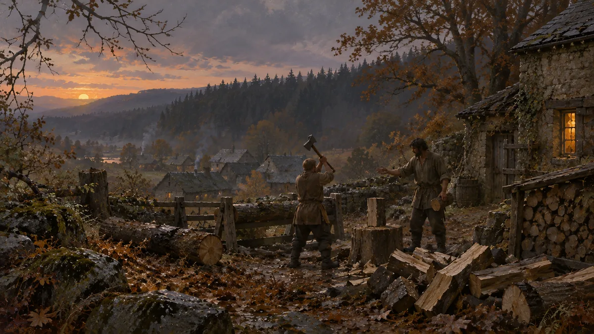 Splitting storm-felled alder behind the farmhouse at dusk.