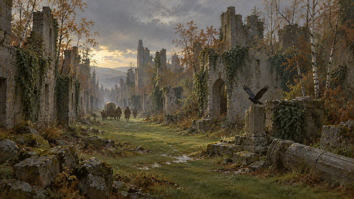 The town of grass: a green street between roofless houses.
