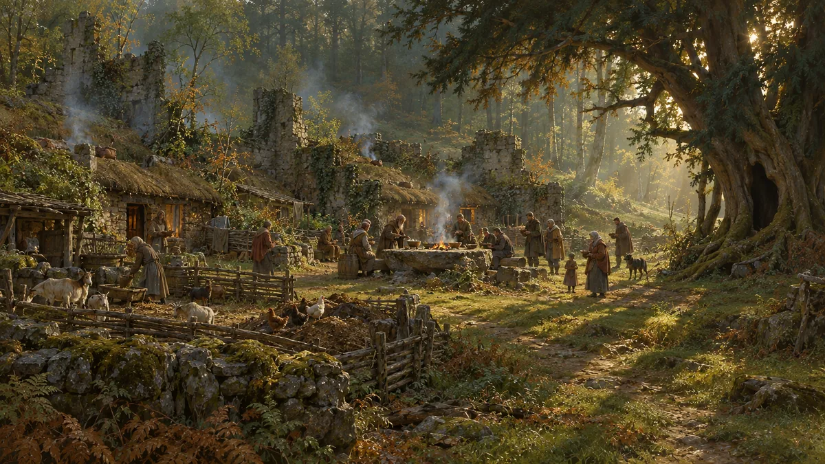 Wending in the late afternoon: the hearth-stone, the cottages and the old yew.
