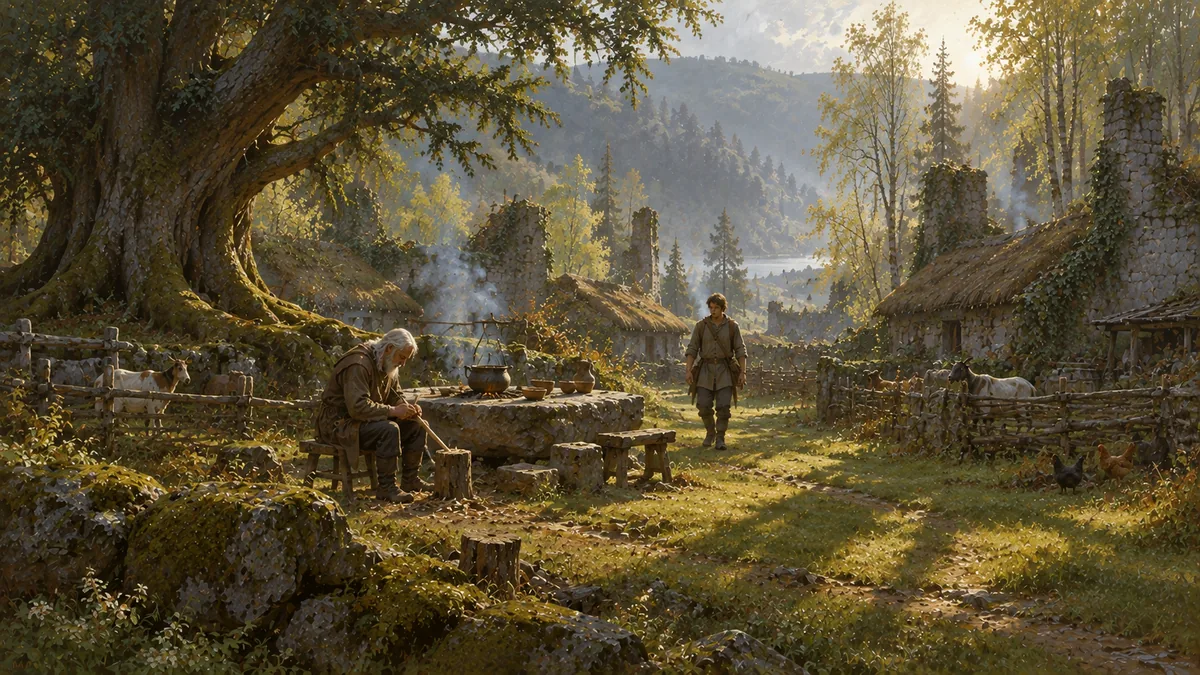 Morning in Wending, beside the great hearth-stone.