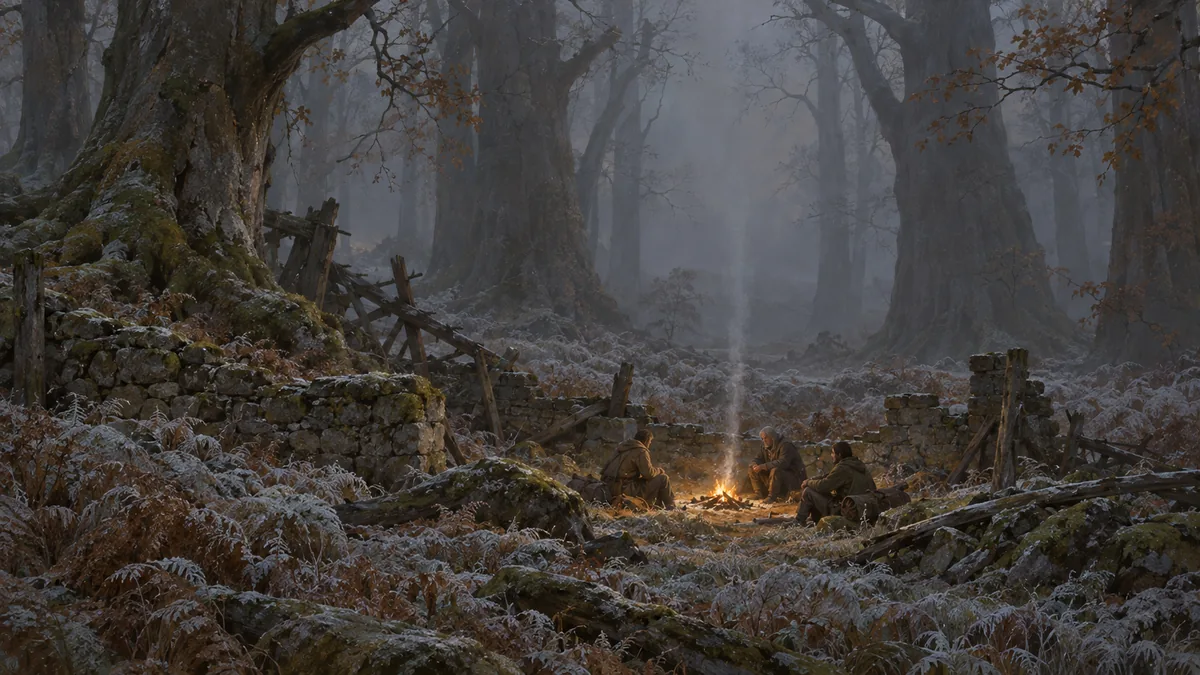 A small fire in the gray country, the only warm light in the wood.