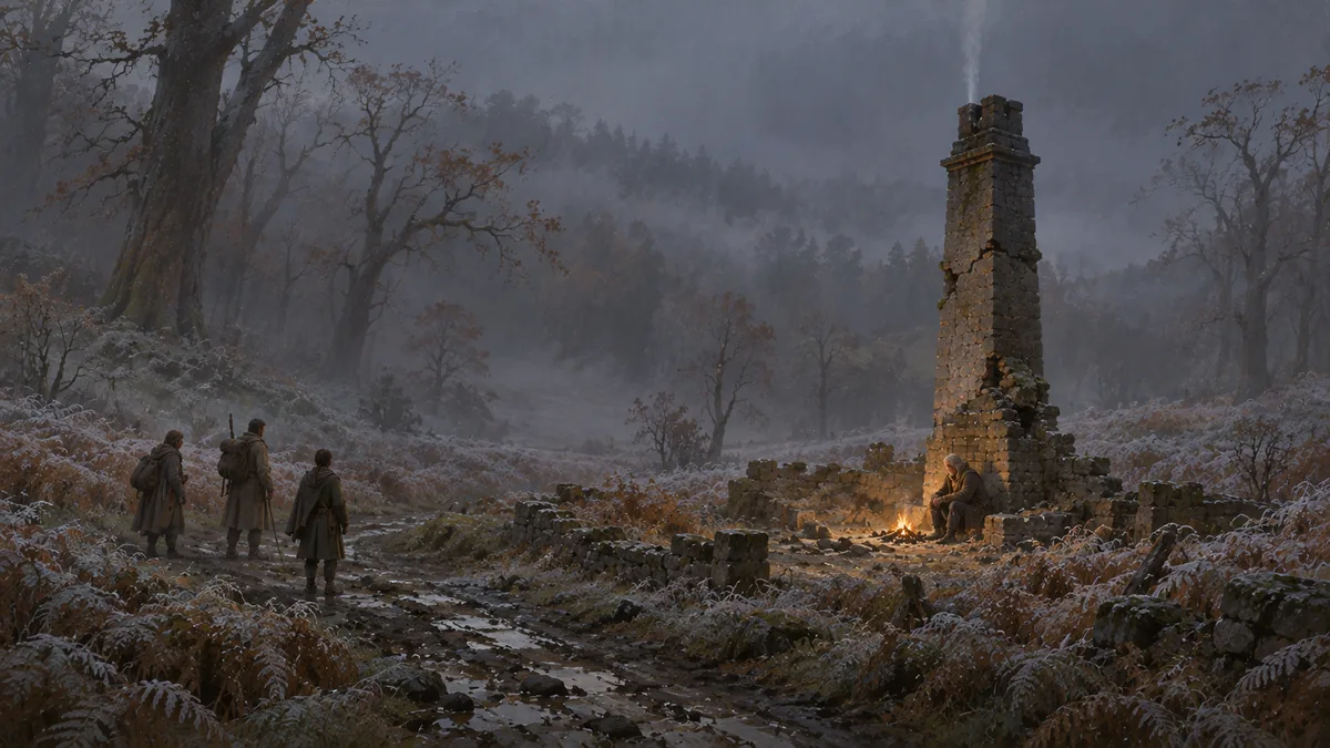 The chimney with no house, as the gray dusk thickens.