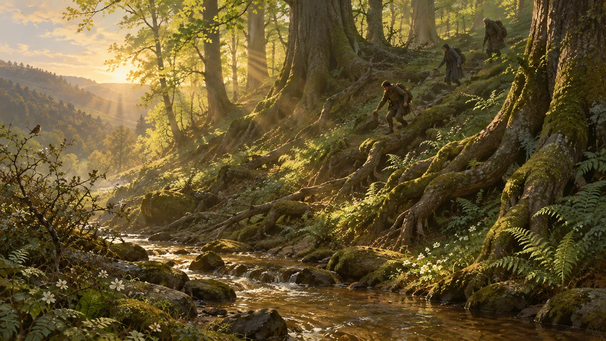 The stair of roots, in the first sun after the gray.