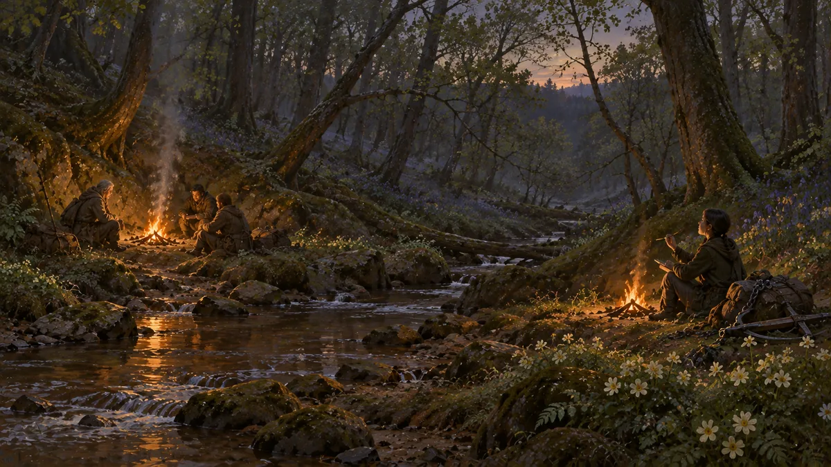 Two campfires by a western stream at dusk, one of them apart.