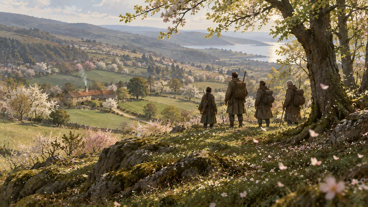 The western edge of the forest in May, with the orchards below.