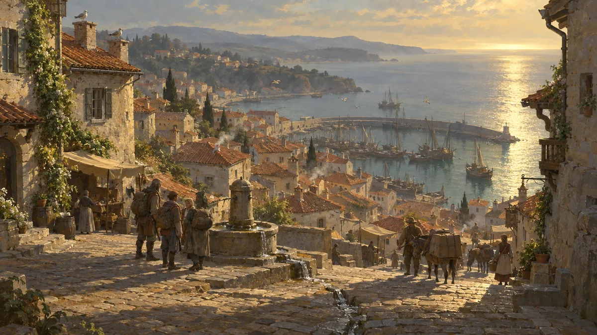Sarne: the steep streets down to the harbor, in the afternoon.