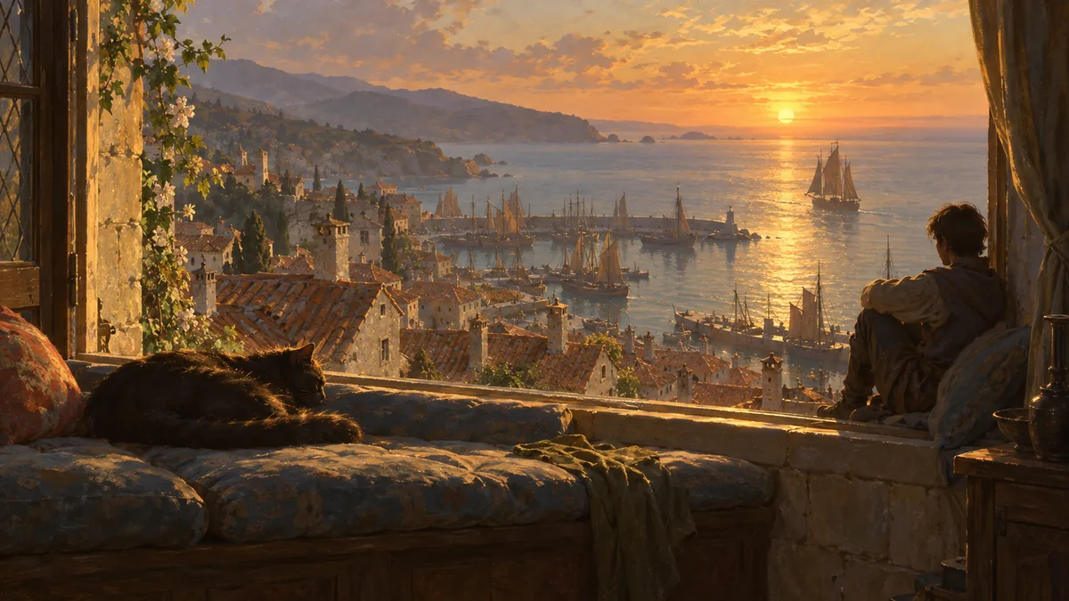 Sunset over the harbor, from a window seat high above Sarne.