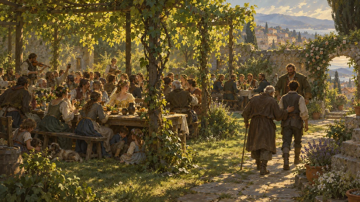A wedding feast under the grapevine in a walled garden.