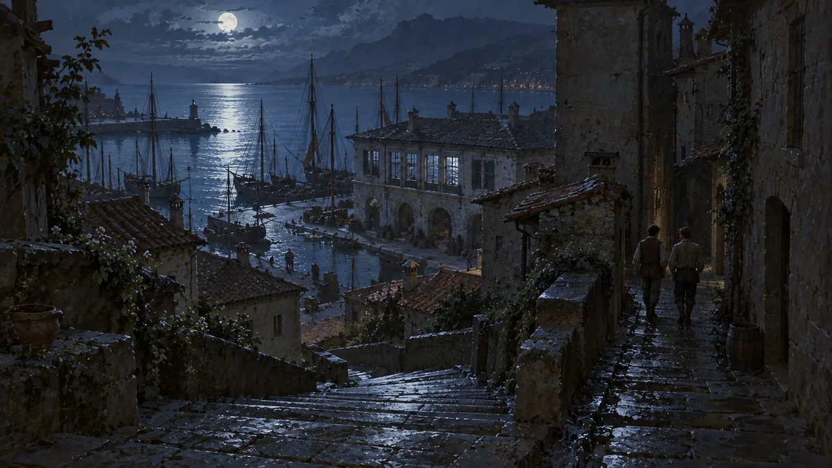 Sarne at midnight: moonlight on the harbor, and two figures in the alley.