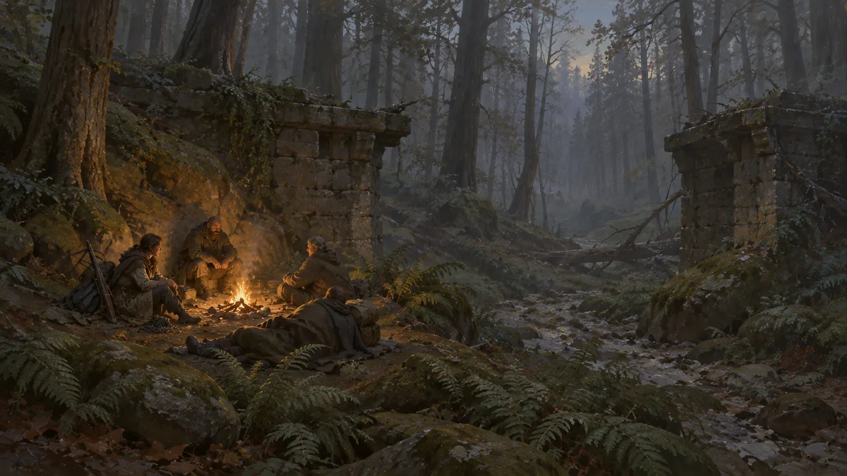 A camp under the fallen bridge, in the gray of the deep forest.