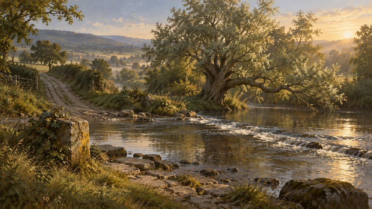 The ford in the first sun, and the old ash on the far bank.