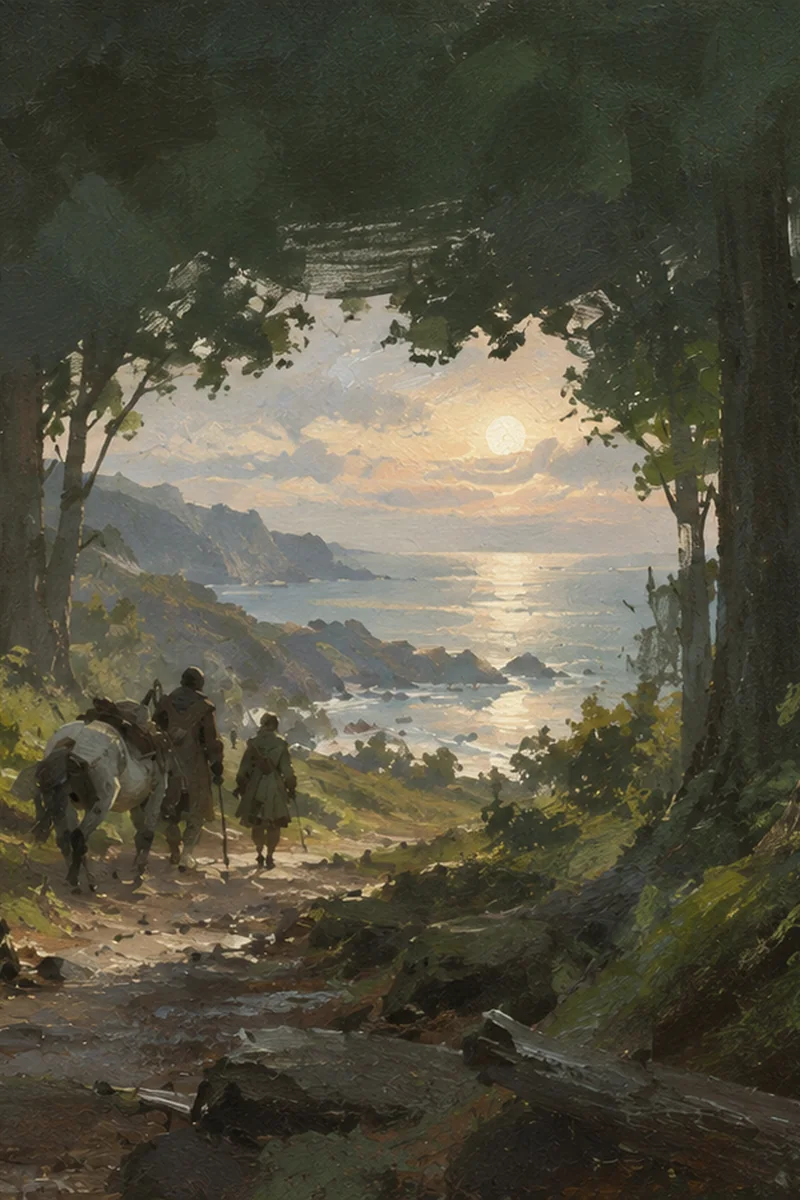 The Sea at the End of the Forest: travelers and a pack animal on a forest path that opens onto the sea at sunset