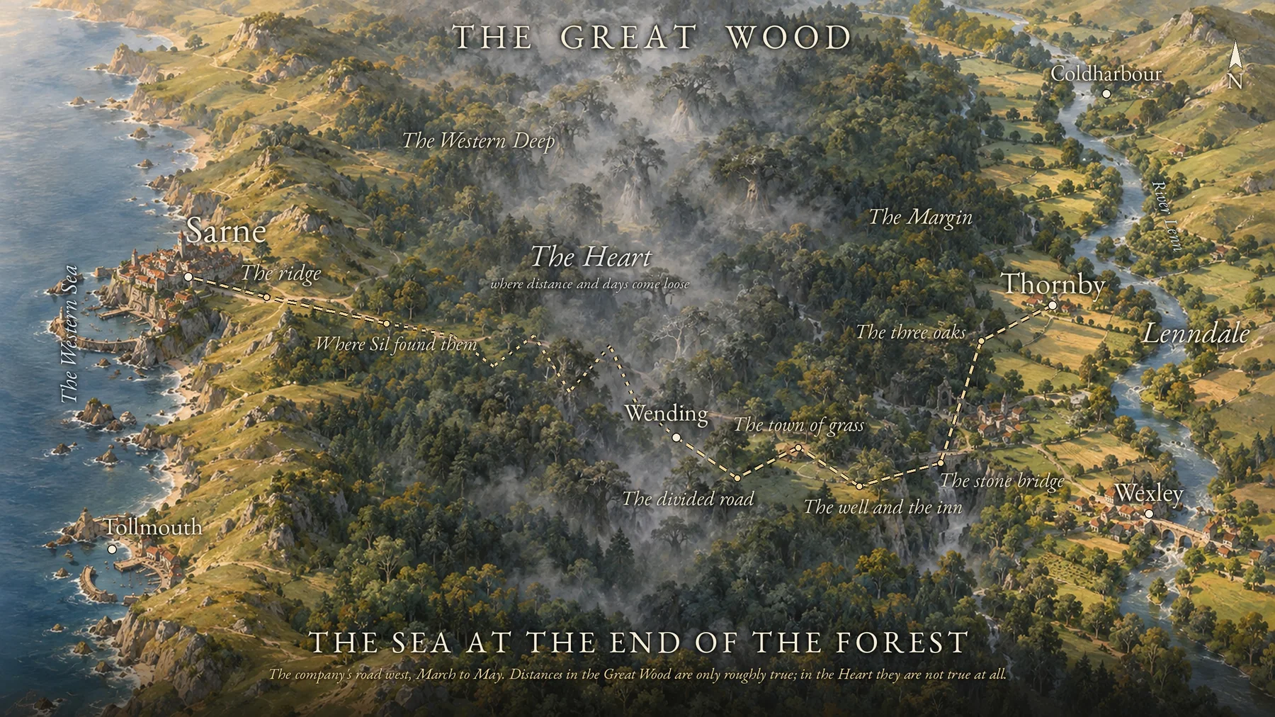 Painted map of the Great Wood: Thornby and Lenndale in the east, Wexley and Coldharbour, Wending and the Heart in the middle of the wood, and Sarne and Tollmouth on the western sea